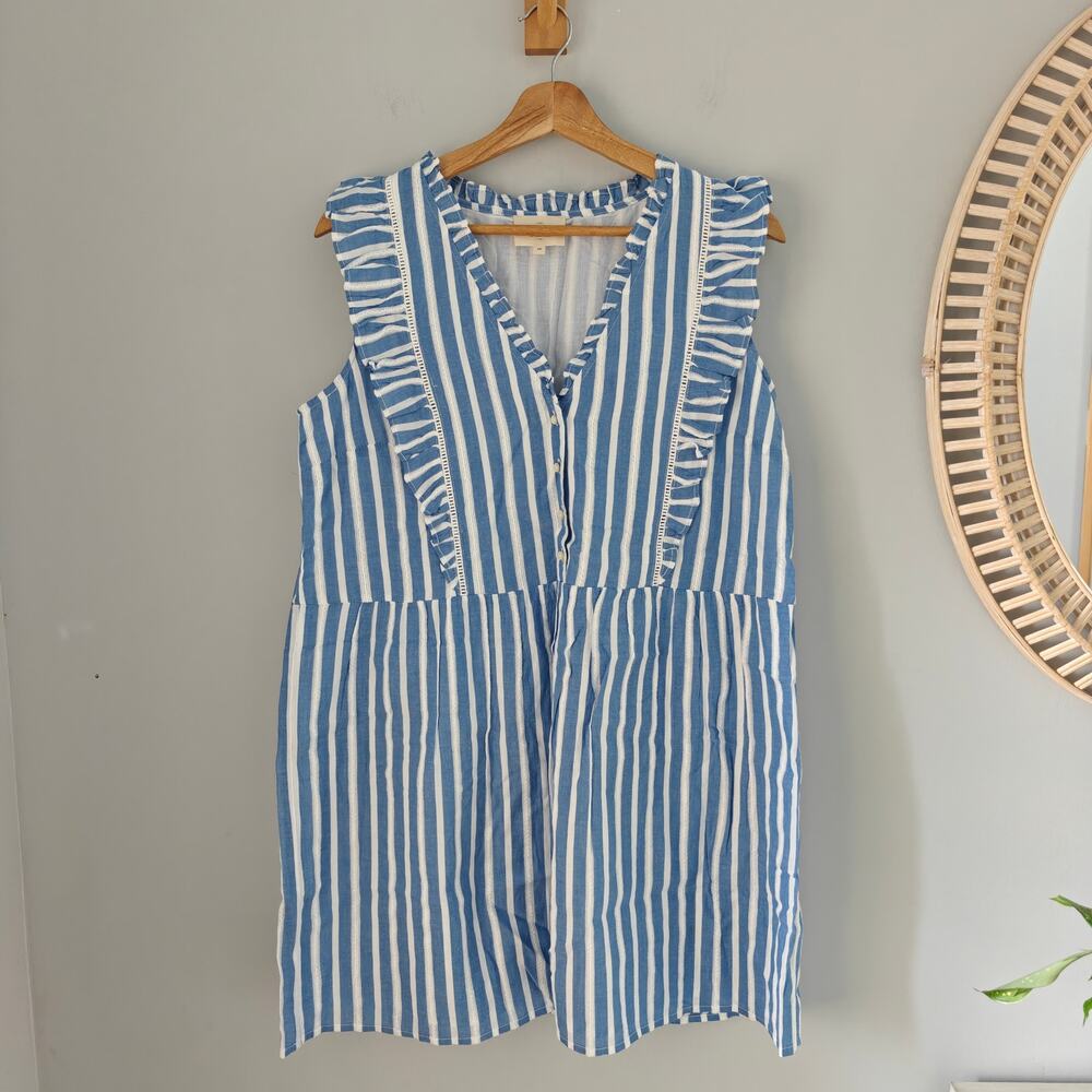 SEZANE Dana Blue White Striped Ruffle Mini Dress Cotton Size 40 US 8